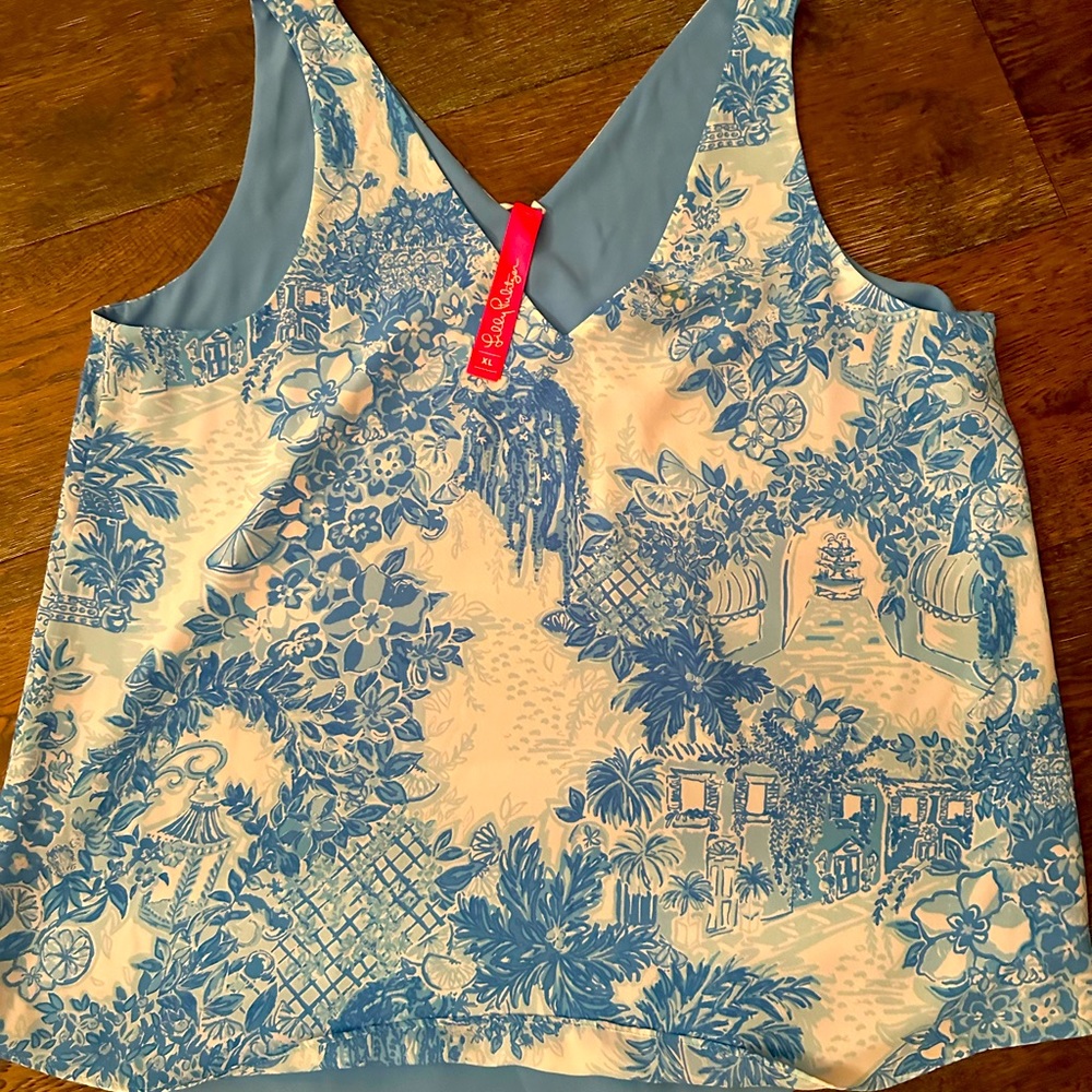 EUC Lilly Pulitzer reversible Florin top, sz XL. Toile Me About It/solid blue